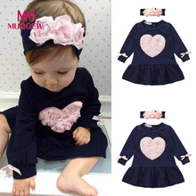 Load image into Gallery viewer, Cute Toddler Infant Baby Girls Spring Auturm Floral Heart Long Sleeve Princess Dresses with Headband baby Clothes Vestido bebe