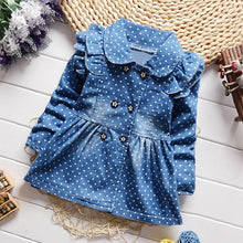 Load image into Gallery viewer, Fashion Baby girl dress cotton o-neck regular Toddler Baby Girls Ruched Dot Print Long Sleeve Princess Denim Dress Outfits H4