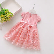 Load image into Gallery viewer, Summer Casual Baby Girls Short Sleeve Dress With Bowknot Design Kids Toddler Pageant Princess Mesh Sundress