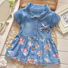 Load image into Gallery viewer, Fashion Baby girl dress cotton o-neck regular Toddler Baby Floral Print Bowknot Short Sleeve Princess Denim Dress Outfit H4