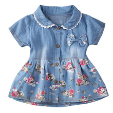 Load image into Gallery viewer, Fashion Baby girl dress cotton o-neck regular Toddler Baby Floral Print Bowknot Short Sleeve Princess Denim Dress Outfit H4